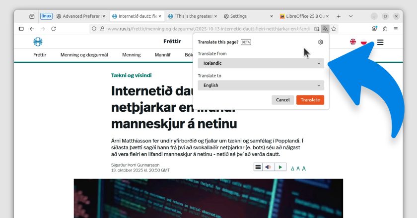 Arrow pointing to Firefox browser page translation prompt offering to translate from Icelandic to English.