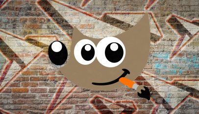 GIMP mascot overlaid on graffiti rendition of the Snapcraft logo.