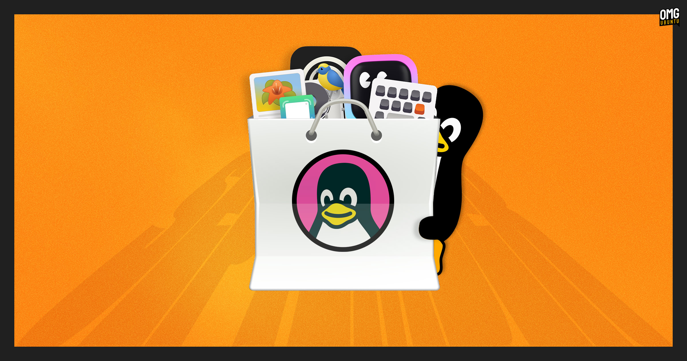 Penguin logo and various app icons in a white back on an orange background.