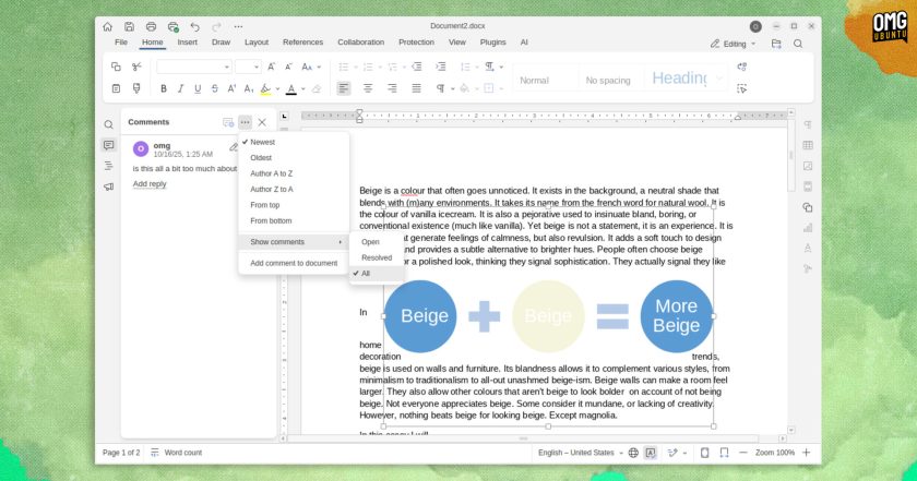 Menus showing comment sorting options in a word processing application.