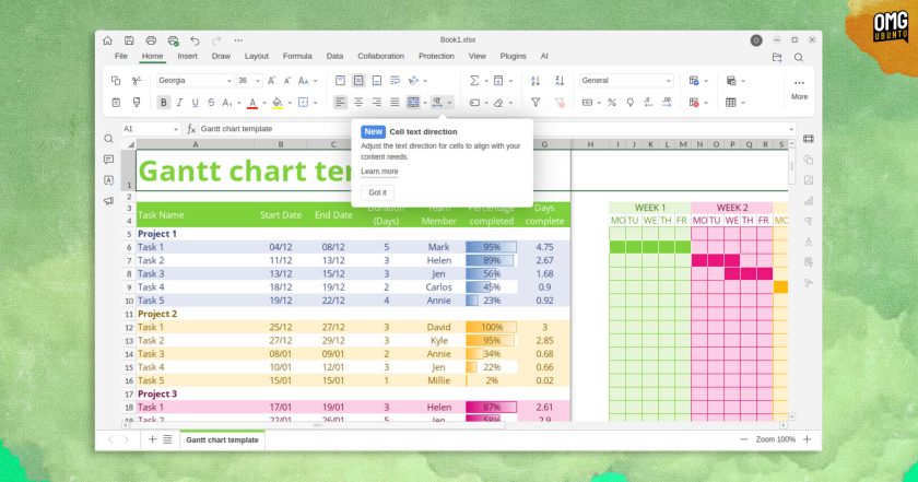 Spreadsheet app shows new cell text direction call out with arrow pointing at menu.