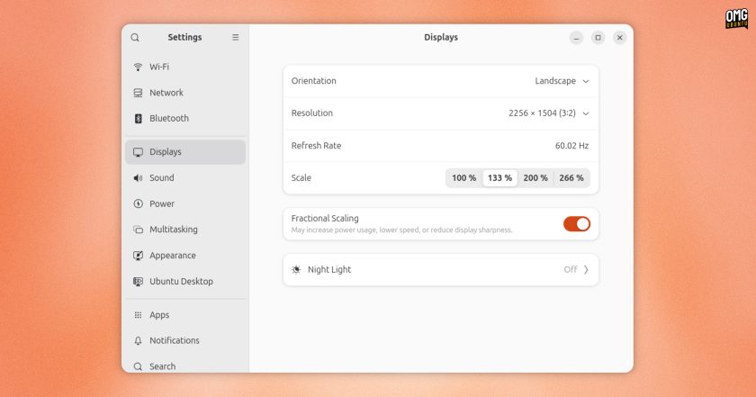 Displays settings in GNOME 49 showing various fractional scaling values. 