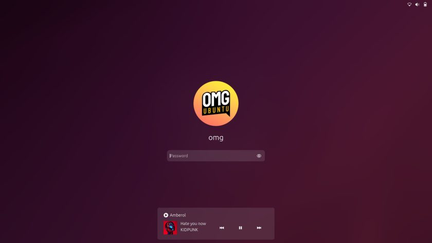 Ubuntu 25.10 screenshot showing GNOME 49 lock screen media controls.