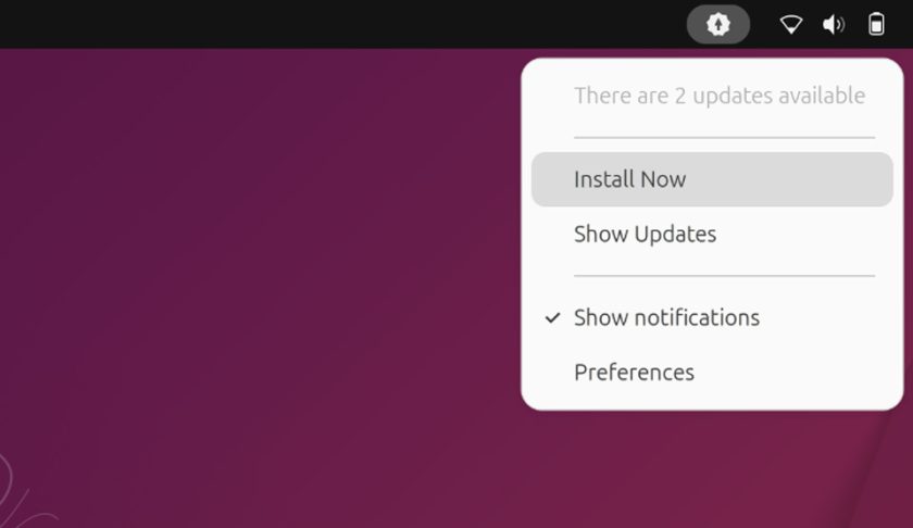 Update Notifier applet menu in Ubuntu 25.10 showing 2 updates available with options to install.