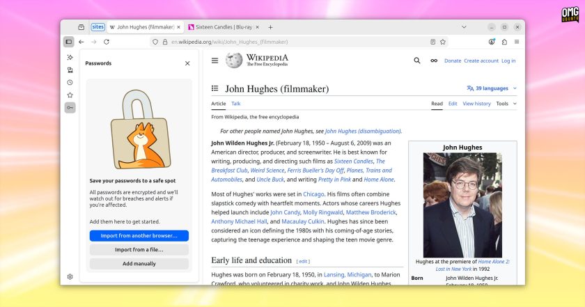 Firefox 145 with the passwords sidebar showing