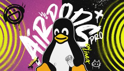 Linux mascot holds AirPods Pro against a bright purple and yellow backdrop