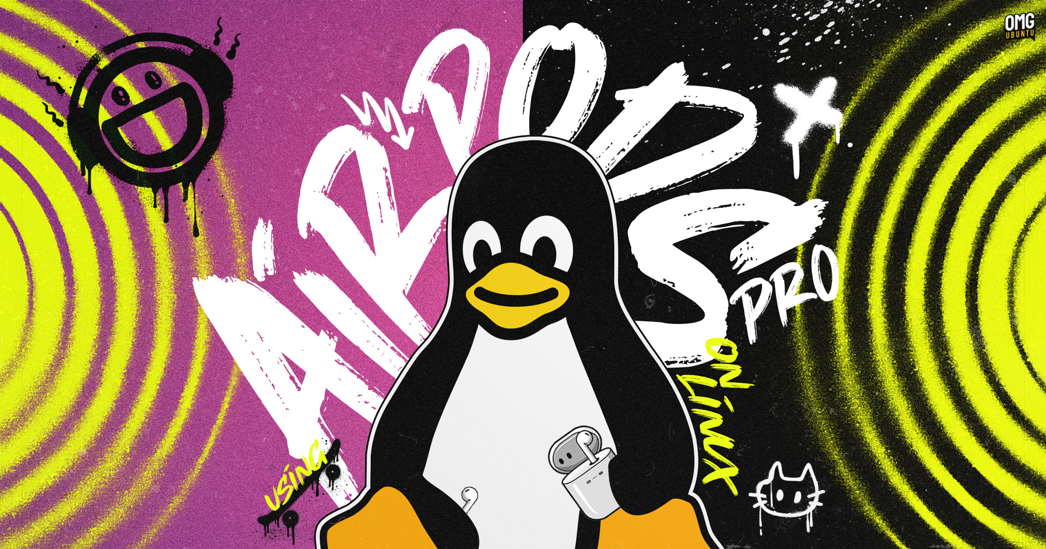 Linux mascot holds AirPods Pro against a bright purple and yellow backdrop