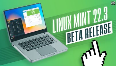 Laptop displaying the Linux Mint 22.3 desktop on a green background with cursor pointing to text to highlight it is a beta release.