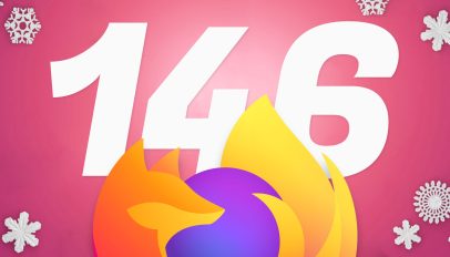 Firefox logo and the number 146 on a red background with snowflakes framing it.