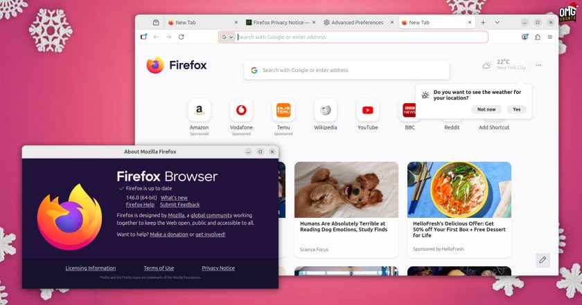 Firefox web browser screenshot with about dialog in front showing version number of 146.