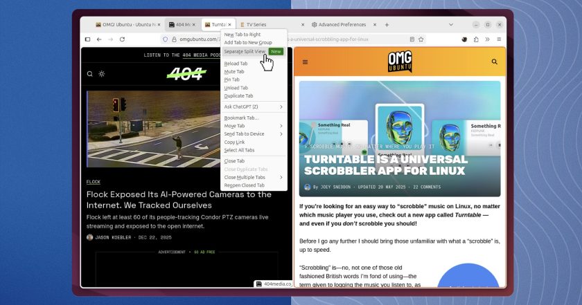 Firefox shows two websites side by side in one tab and an option to separate them is highlighted.