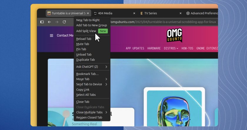 Firefox tab context menu shows a Add Split View option with the word new appended to it.