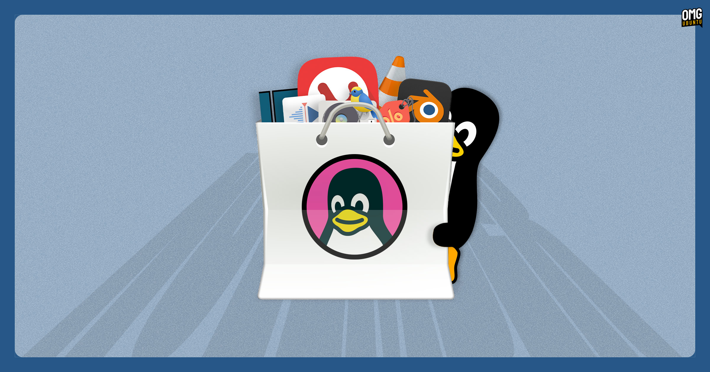 Linux penguin behind a white back full of app icons.