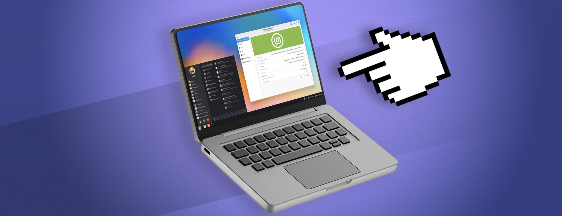 Pixelated hand points at a Linux Mint laptop.