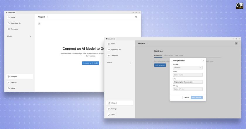 AI Agent setup screenshots taken in ONLYOFFICE 9.2.