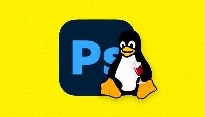 Linux mascot Tux holding the Wine glass logo in front of the Adobe Photoshop logo.