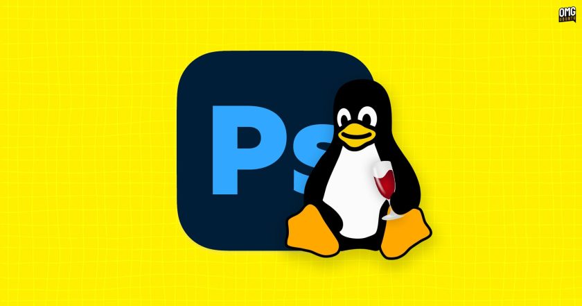 Linux mascot Tux holding the Wine glass logo in front of the Adobe Photoshop logo.