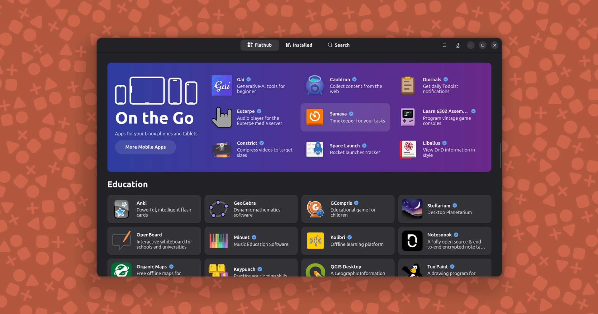 Bazaar app showing homepage with On the Go mobile apps banner and Education category grid displaying various Linux apps.