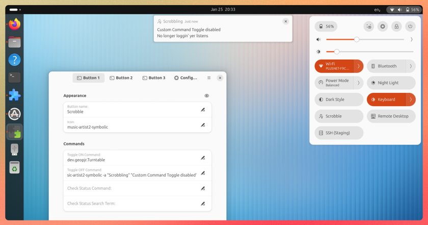 Quick Settings menu showing custom Scrobble and SSH buttons integrated with system toggles.