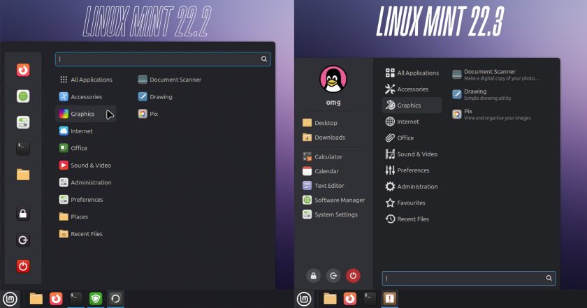 Linux mint menu redesign showing before and after.