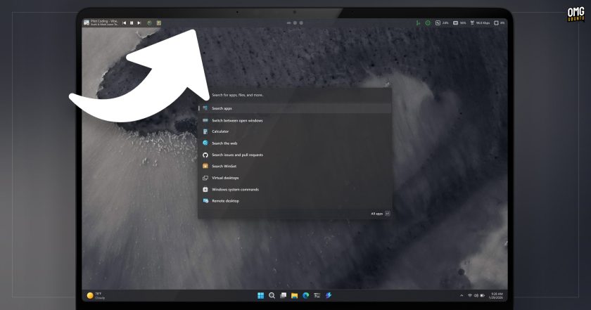 Laptop screen with Command Palette Dock on top of screen Command Palette open and Windows Taskbar at the bottom,