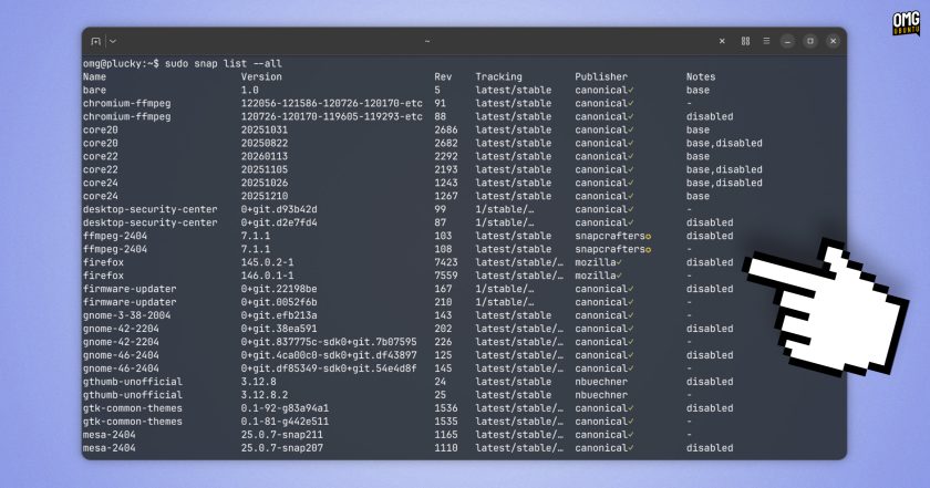 Terminal output of the snap list command in Ubuntu showing active and disabled snap revisions with version numbers