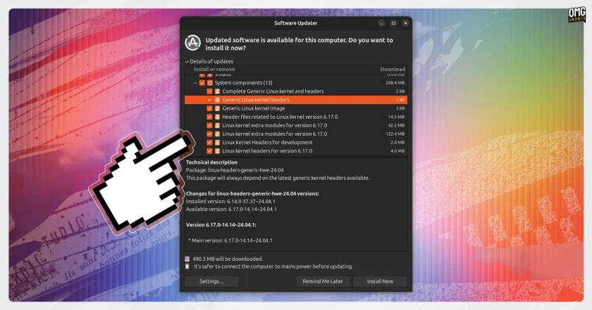 Ubuntu 24.04.4 HWE is available to install in Software Updater window.