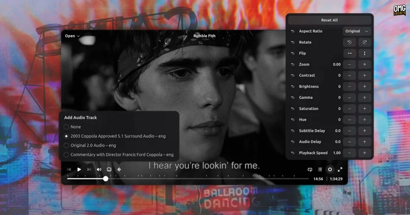The Cine Linux video player interface, built with GTK4 and libadwaita, showing audio track and video adjustment options.