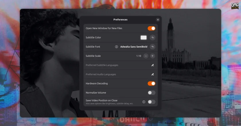 Cine Linux video player showing preferences panel with subtitle font and hardware decoding options.