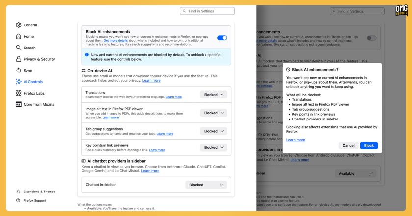 Firefox AI Controls settings panel showing the Block AI enhancements kill switch and individual options to disable other features.