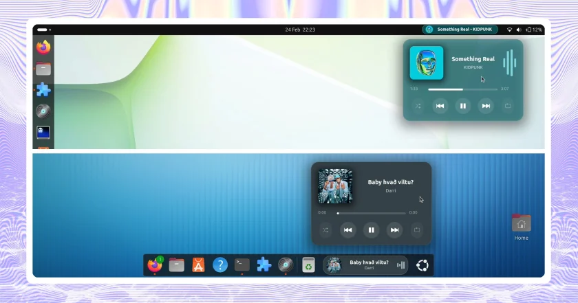 Now playing music applet showing in Ubuntu panel and dock.