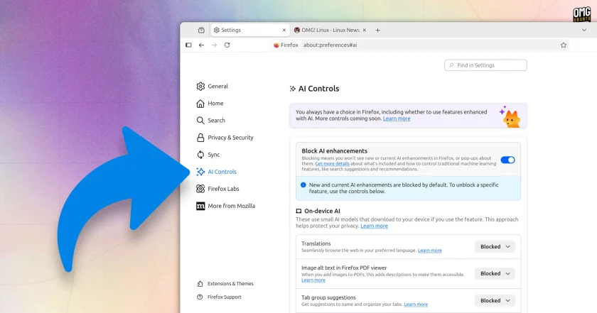 Firefox setting to control AI features letting you block them with one click.