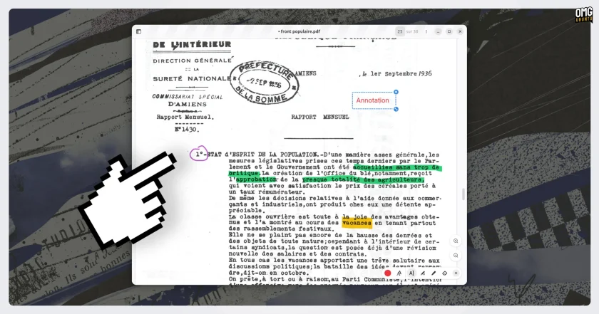 A screenshot of the GNOME Papers app showing a PDF document being annotated with freehand ink drawings and added text boxes.