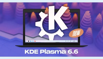 KDE logo on a laptop screen promoting the Plasma 6.6 release.