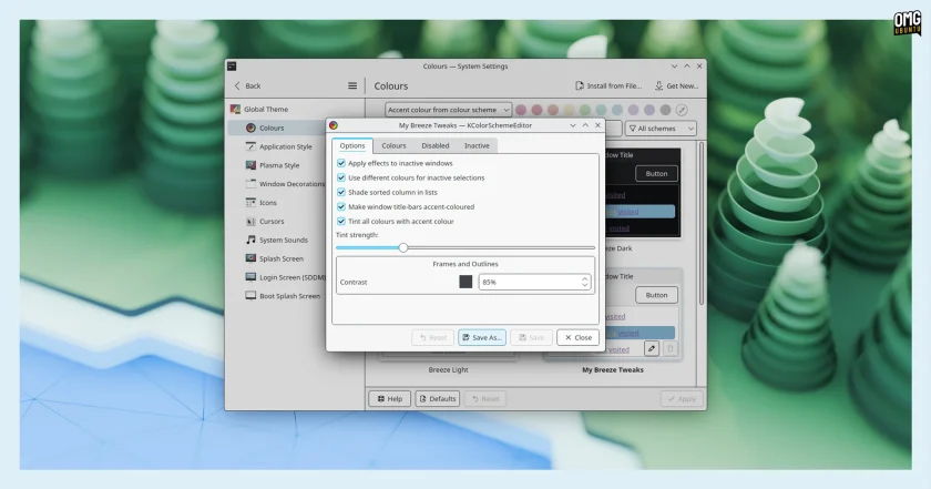 KDE Plasma 6.6 frame outline intensity setting.