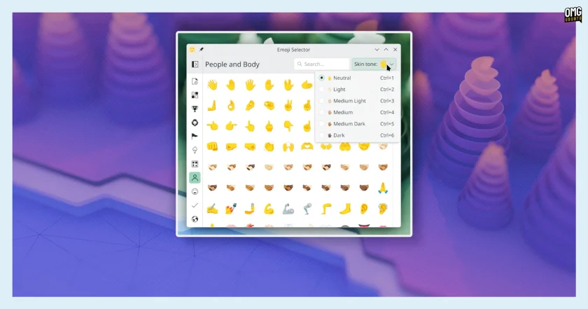 Selecting skin tone in KDE Plasma 6.6 emoji picker.