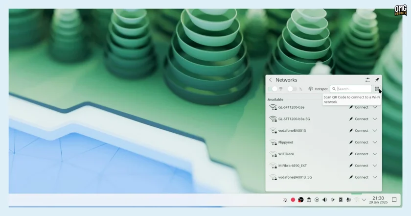 KDE Plasma 6.6 desktop showing network option to scan QR code.