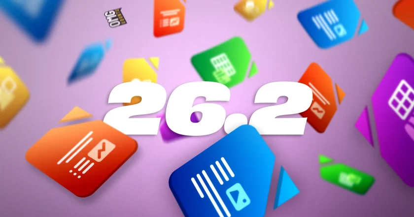 LibreOffice 26.2 branding featuring the version number over a background of floating LibreOffice app icons including Writer, Calc, and Impress.