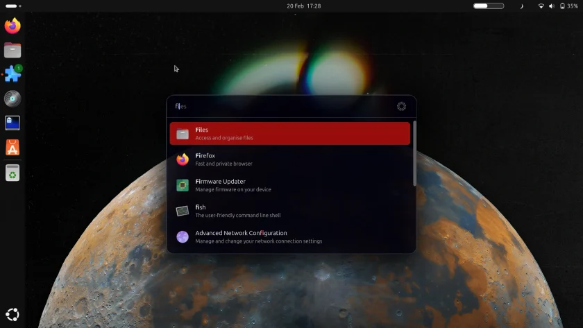 Rudra GNOME Shell extension showing app search results in a compact dark launcher UI.