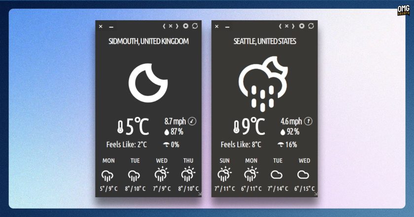 Typhoon Linux weather app showing forecasts for two locations.