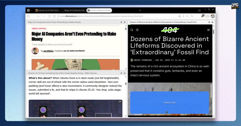 Vivaldi 7.8 on Ubuntu showing a tab being dropped on to a tile group with the destination reading drop to tile.