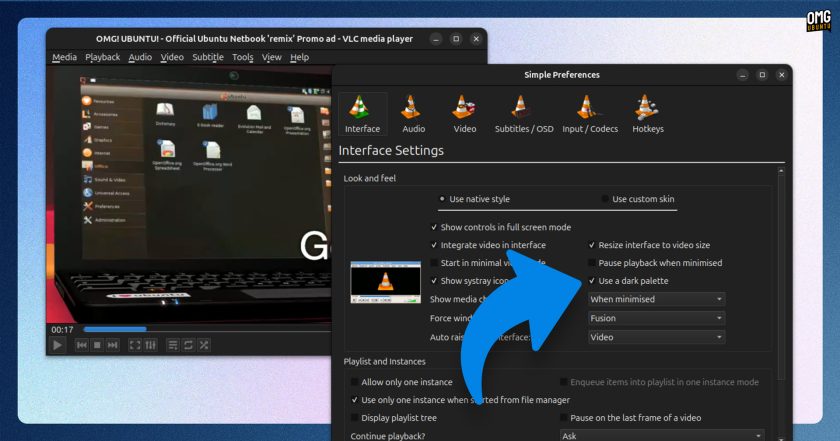 VLC 3.0.23 on Ubuntu showing dark mode option in settings.