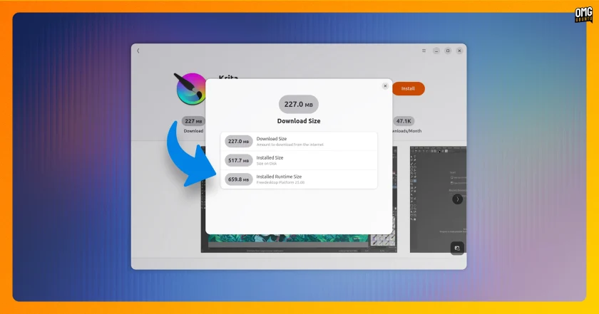 Flatpak runtime size being shown in Bazaar Linux app.