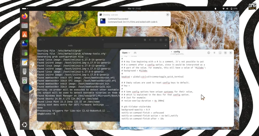 Ghostty terminal showing configuration file and task completion notification.