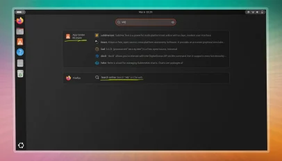 The GNOME Shell Overview in Ubuntu 26.04 LTS showing a search for "vlc", with Snap Store results from App Center displayed above and a Firefox web search option below.