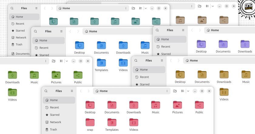 Yaru folders in Ubuntu 26.04 LTS showing accent colour options.