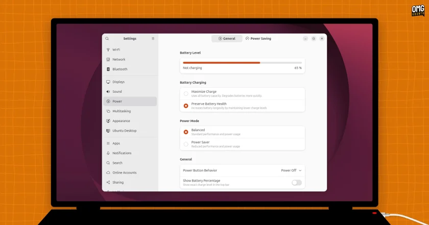Ubuntu power settings shows battery charging options to preserve battery health.