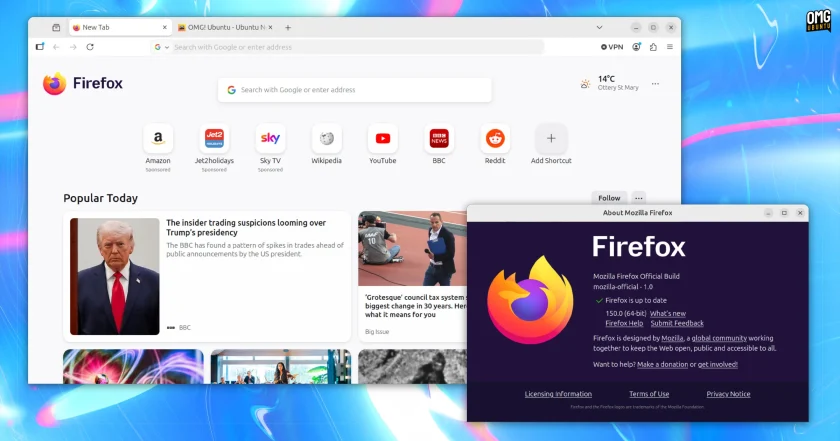 Firefox showing the about window with version 150 visible.