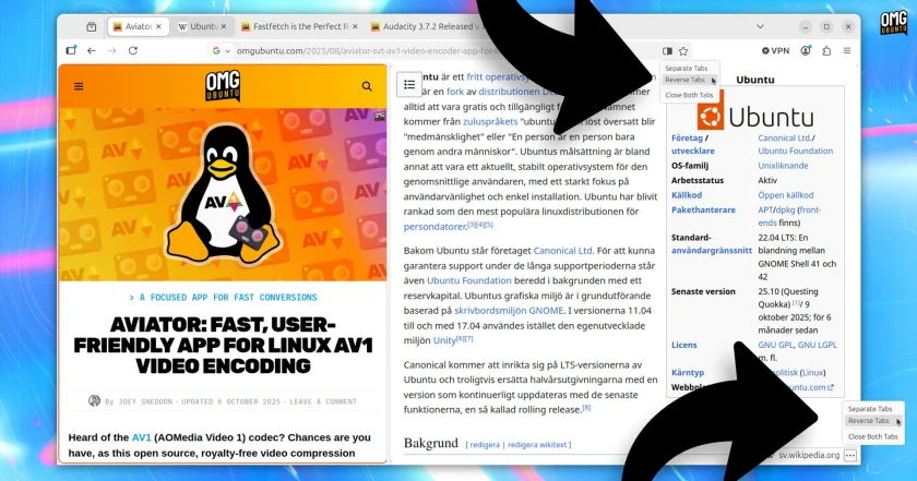 Split View reverse tabs option in Firefox 150.