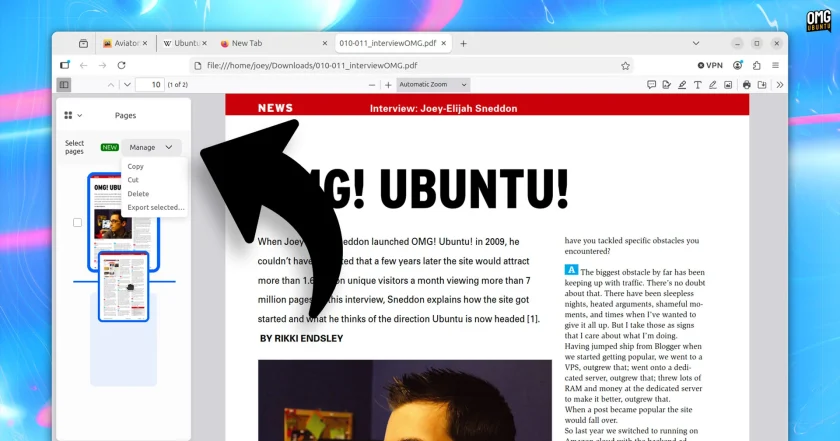 Reordering pages of a PDF using Firefox.